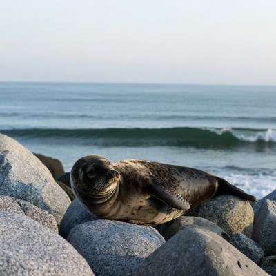 Harbor seal on beach rocks