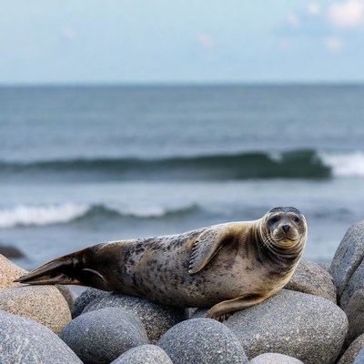 Harbor seal on beach rocks