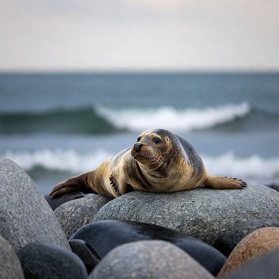 Seal resting on beach rocks