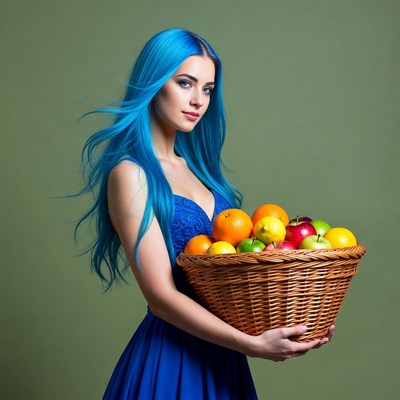 Woman with blue hair holding fruit basket
