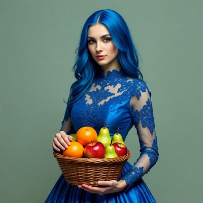 Woman with blue hair holding fruit basket