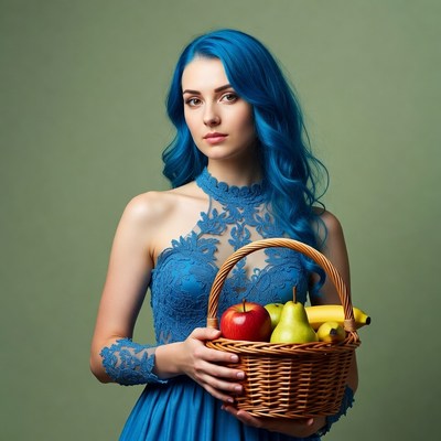 Woman with blue hair holding fruit basket