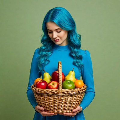 Woman with blue hair holding fruit basket