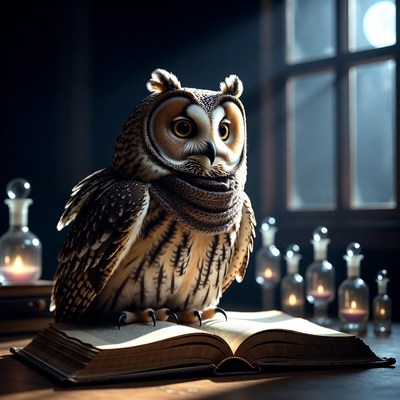 Owl reading open book at night