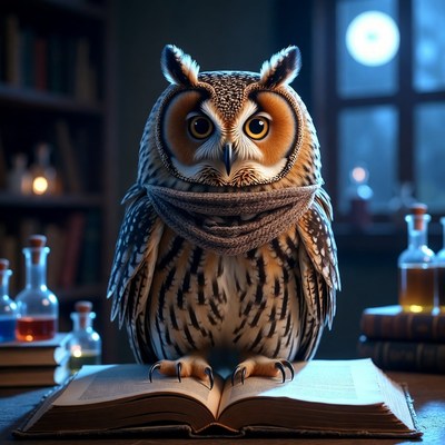 Owl reading book in magical library