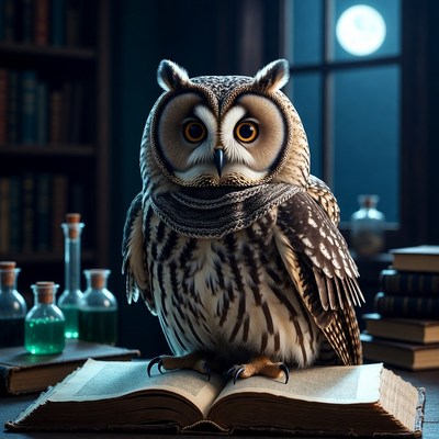 Owl reading book in library