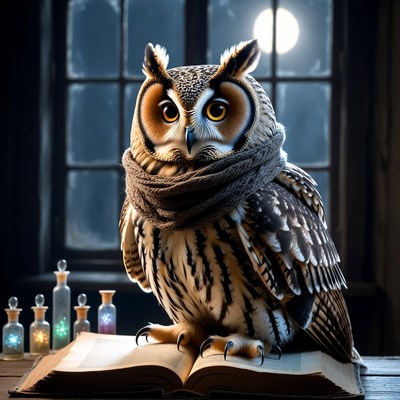 Owl reading book by moonlit window