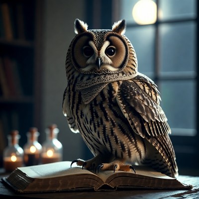 Owl reading open book at night