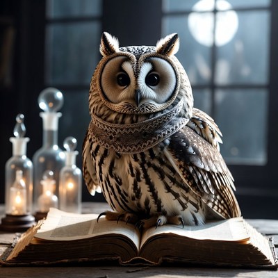 Owl on open book with potions