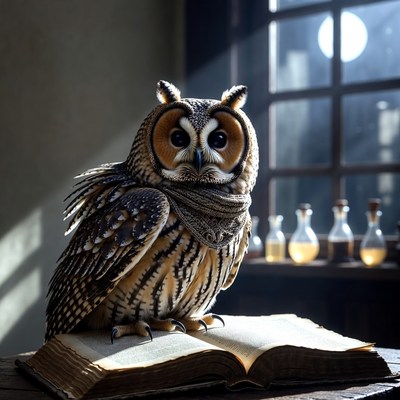 Owl reading open book on table
