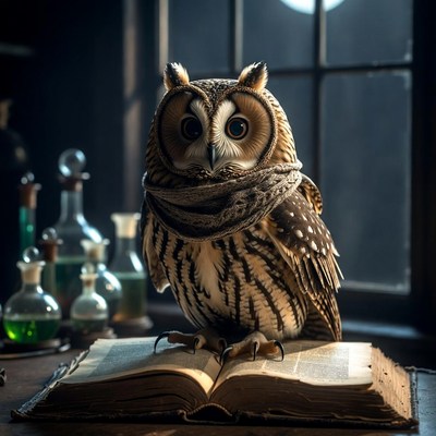 Owl perched on open book