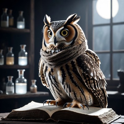 Owl with scarf on open book