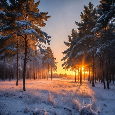 Snowy Pine Forest at Sunset
