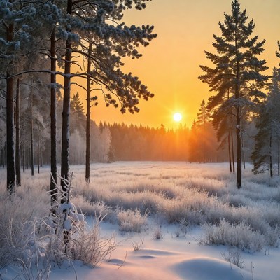 Snowy Pine Forest Sunset