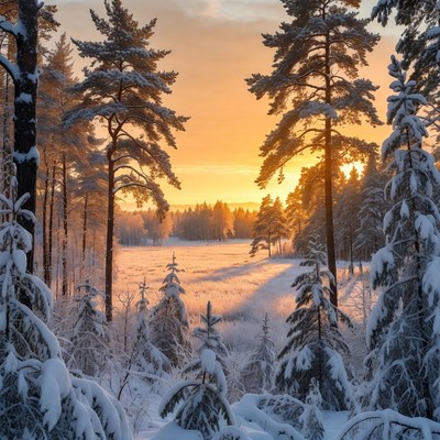 Snowy Pine Forest at Sunset
