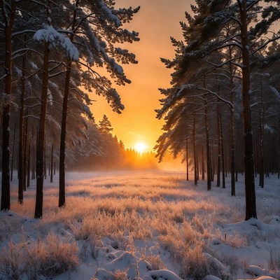 Snowy Pine Forest Sunset Path