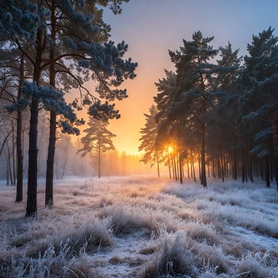 Snowy Pine Forest at Sunrise