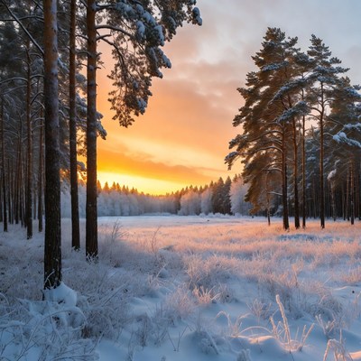 Snowy Pine Forest at Sunset
