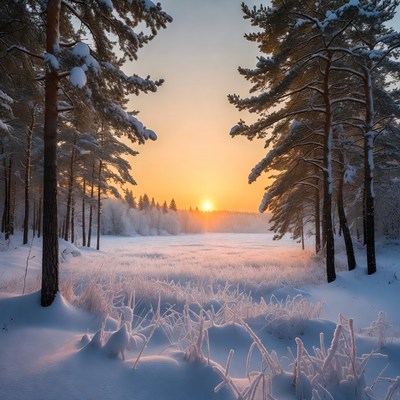 Snowy Pine Forest Sunset