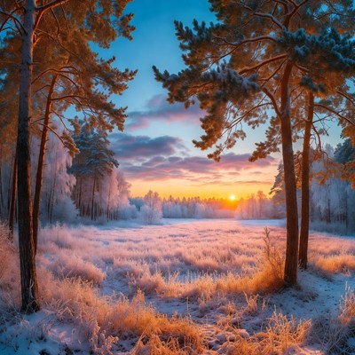 Snowy Pine Forest at Sunset