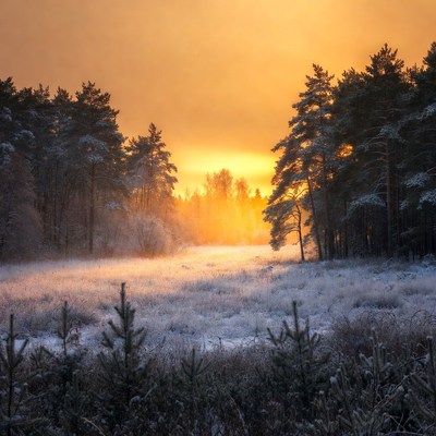 Snowy Pine Forest at Sunset