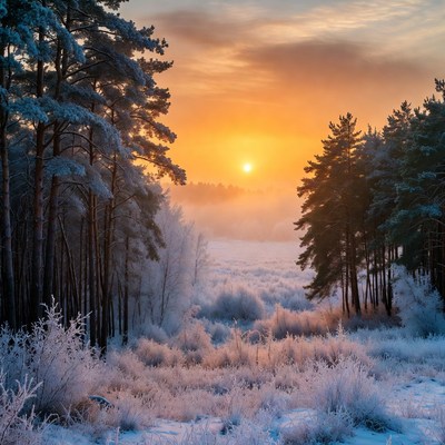 Sunrise Over Snowy Pine Forest