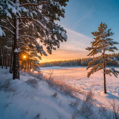 Snowy Pine Forest at Sunset
