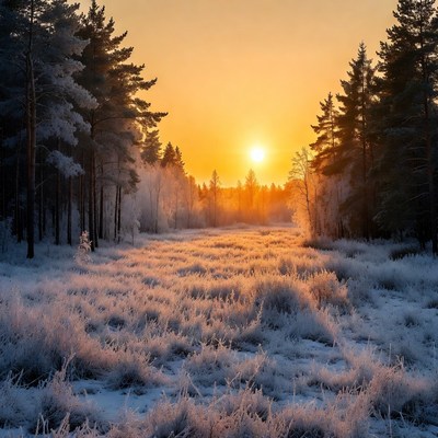 Sunset over snowy pine forest path