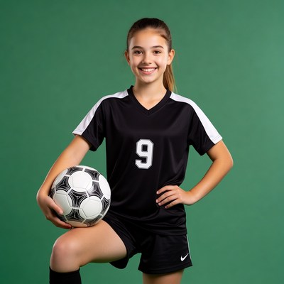 Girl in soccer jersey holding ball