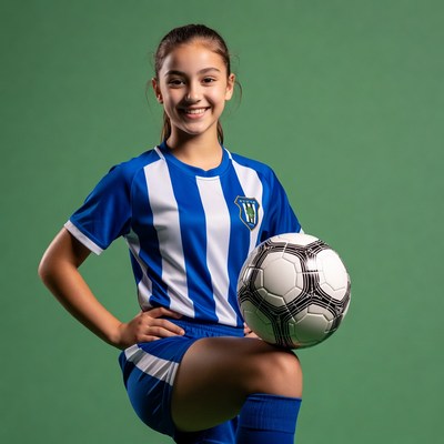 Girl holding soccer ball in uniform