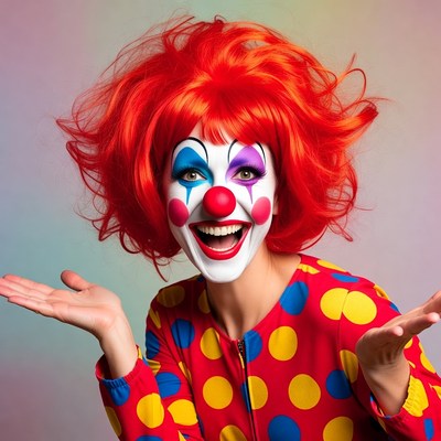 Smiling female clown with red wig