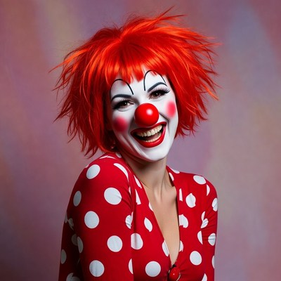 Smiling Woman in Red Clown Makeup