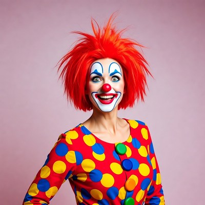 Smiling female clown with red hair