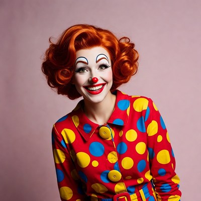 Smiling female clown with red hair