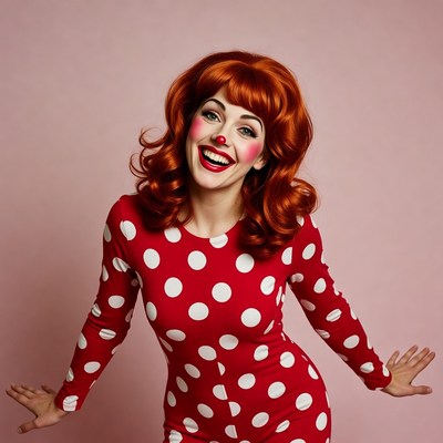Woman in red polka dot clown costume