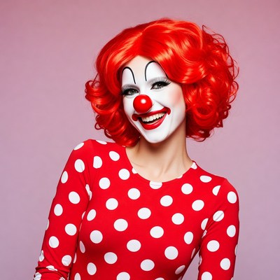 Woman in red wig clown makeup