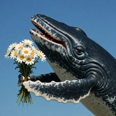 Whale holding daisies