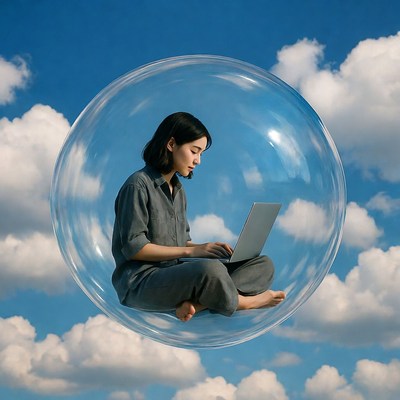 Asian woman working on laptop in sky bubble