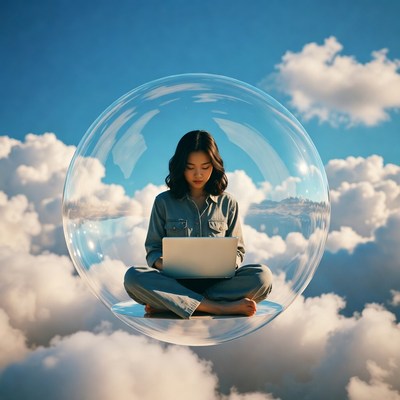 Asian woman working on laptop in sky bubble