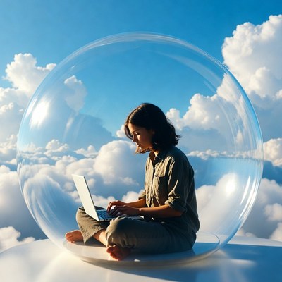 Woman working on laptop in sky bubble