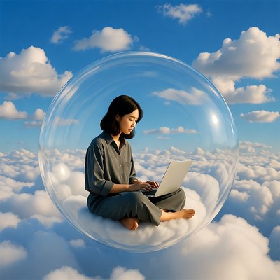 Asian woman working on laptop in bubble