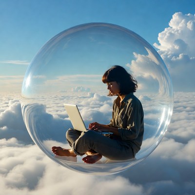 Woman working on laptop in sky bubble