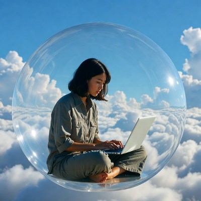 Asian woman working on laptop in bubble