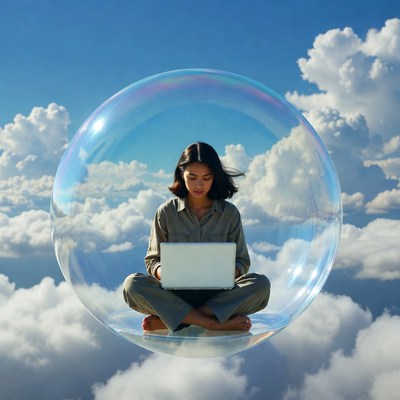 Asian woman working on laptop in bubble