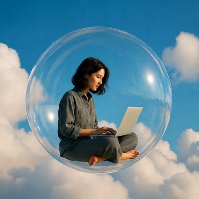 Asian woman working on laptop in sky bubble
