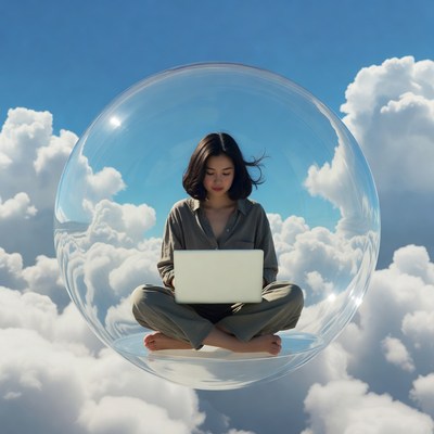 Asian woman working on laptop in bubble
