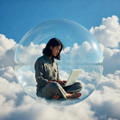 Asian woman working on laptop in sky bubble