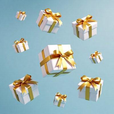 Floating White Gift Boxes with Gold Ribbons