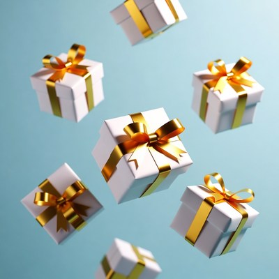 Floating White Gift Boxes with Gold Ribbons