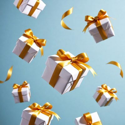 Floating White Gift Boxes with Gold Ribbons